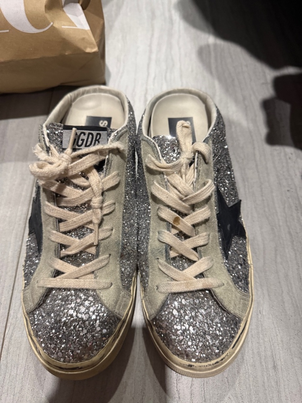 Golden Goose Silver Glitter Low-Top Sneakers with Black Star